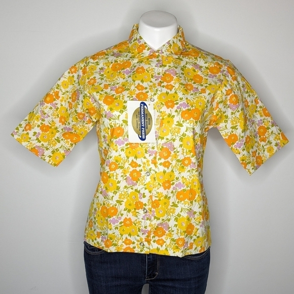 NWT Vintage Miss Holly deadstock yellow orange floral button up short sleeve 34 - Picture 1 of 7